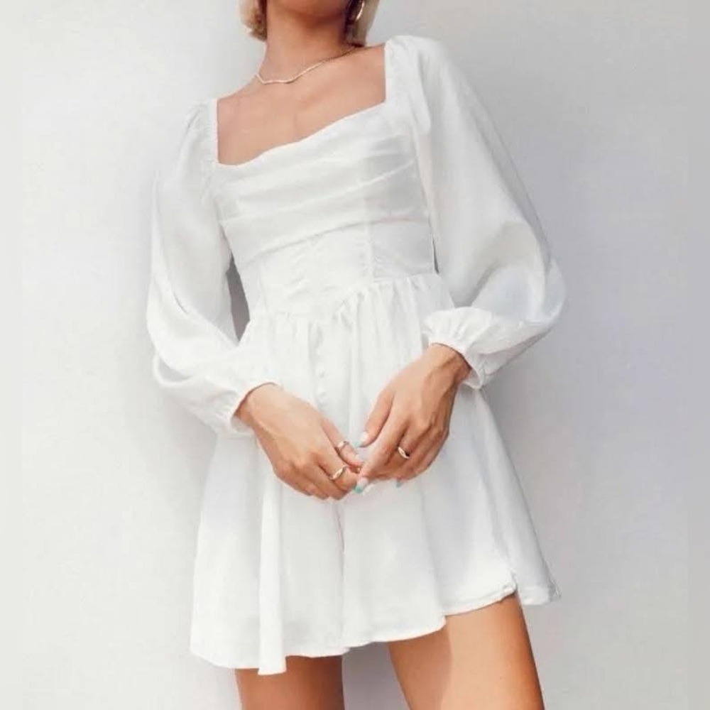 Princess Polly White Ruched Bishop Sleeve Romper